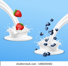 Strawberry and blueberry splashing in milk