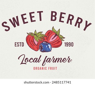 Strawberry and blueberry t shirt design. Hand drawn lettering design. Fruit slogan design. Fresh and tasty fruit. Local berry farm.