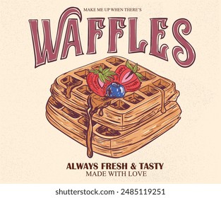 Camiseta de fresa y arándano. Boceto de la mano de Waffles.  Delicioso diseño de camiseta de gofre. Diseño de eslogan de comida. Comida fresca y sabrosa.  Ilustración de Antiguas food. Diseño de letras dibujado a mano. 