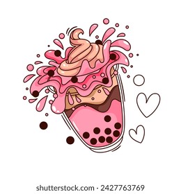 Pegatina de dibujos animados de té de leche boba de fresa. Divertida bebida de fruta rosa retro con bolas de tapioca y salpicaduras frescas. Caricatura smoothie o té en taza, etiqueta de smoothie asiático de los años 70 80 estilo ilustración vectorial