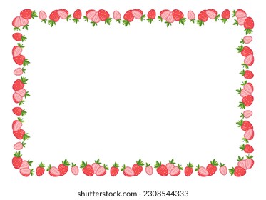 Strawberry border frame. Can be used for summer cards, letters, invitations. Isolated vector illustration on white background.