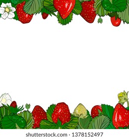 Strawberry border, frame drawing. ripe berries  template. Hand drawn summer illustration. Vintage Flyer, packaging design concept. Great for tea, juice, natural cosmetics, lemonade