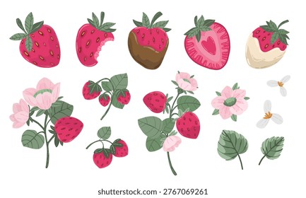 Strawberry botanical elements set with berries, flowers and leaves