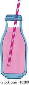  Botella de fresa con paja. Ilustración vectorial.