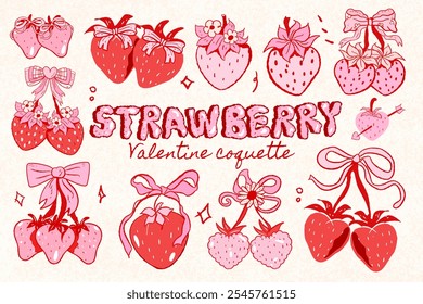 strawberry with bow coquette clipart, cute, y2k, coquette aesthetic, bows clipart, crafts Bows, Coquette, pink ribbon, Pink Coquette Ribbon Clipart Gift bow clipart Decoration valentine, hand drawn