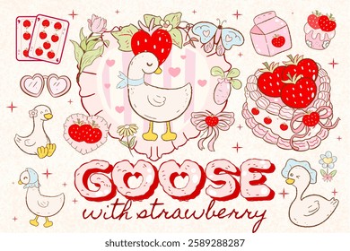 strawberry with bow coquette clipart, cute, y2k, coquette aesthetic, bows clipart, silly goose, Coquette, pink ribbon, Pink Coquette easter Clipart Vintage clipart retro Decoration valentine doodle