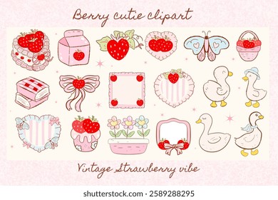 strawberry with bow coquette clipart, cute, y2k, coquette aesthetic, bows clipart, silly goose, Coquette, pink ribbon, Pink Coquette easter Clipart Vintage clipart retro Decoration valentine doodle