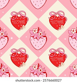 Strawberry with bow pattern seamless, vintage flowers, Vintage Retro Pink Seamless Pattern, Pink Vintage Coquette valentine seamless file, Retro Pink seamless file, , Retro coquette Digital wallpaper