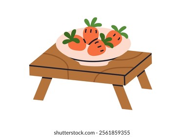 Strawberry in bowl on wooden bed table. Fresh summer berries, served on wood tray. Sweet healthy snack, natural food, dessert. Tasty fruit treat. Flat vector illustration isolated on white background