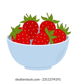 Strawberry in bowl. Ripe red berries in deep dish. Flat cartoon vector illustration isolated on a white background.