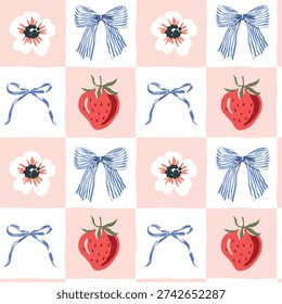 Strawberry, bows, flowers, checkered background. Vector illustration. Seamless pattern. Summer trendy design