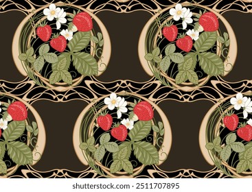 Strawberry. Branch with berries, leaves and flowers. Seamless pattern, background. Vector illustration. In art nouveau style, vintage, old, retro style.