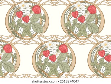 Strawberry. Branch with berries, leaves and flowers. Seamless pattern, background. Vector illustration. In art nouveau style, vintage, old, retro style.