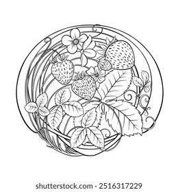 Strawberry. Branch with berries, leaves and flowers. Clip art, set of elements for design Vector illustration. In art nouveau style, vintage, old, retro style. In botanical style