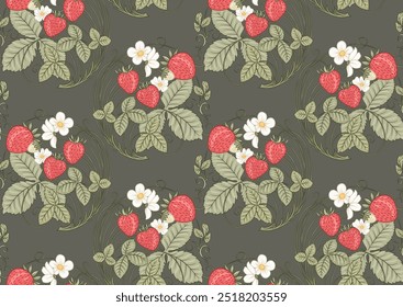 Erdbeere. Zweig mit Beeren, Blättern und Blumen. Nahtloses Muster, Hintergrund. Vektorgrafik. Im Jugendstil, Vintage, Alt, Retro-Stil.