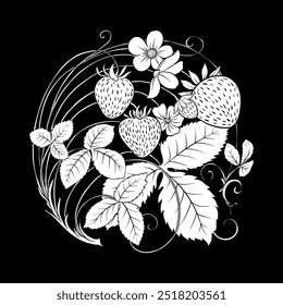 Morango. Ramo com bagas, folhas e flores. Clip-art, conjunto de elementos para a ilustração Vetor de design. No estilo art nouveau, vintage, velho, estilo retro. Em estilo botânico