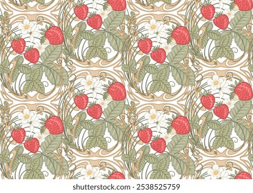 Strawberry. Branch with berries, leaves and flowers. Seamless pattern, background. Vector illustration. In art nouveau style, vintage, old, retro style.