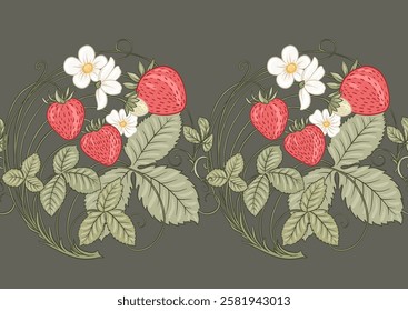 Strawberry. Branch with berries, leaves and flowers. Seamless pattern, background. Vector illustration. In art nouveau style, vintage, old, retro style.