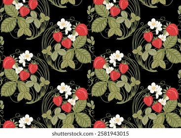 Strawberry. Branch with berries, leaves and flowers. Seamless pattern, background. Vector illustration. In art nouveau style, vintage, old, retro style.