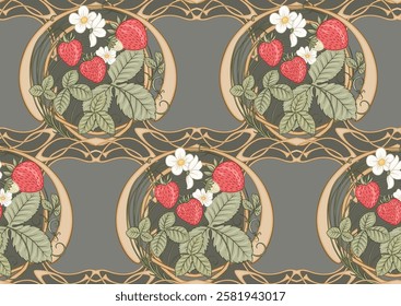 Strawberry. Branch with berries, leaves and flowers. Seamless pattern, background. Vector illustration. In art nouveau style, vintage, old, retro style.