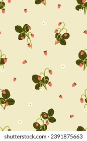 Strawberry branches and flowers, seamless pattern. Endless nature background design. Wild berries and leaves, repeating summer print, texture. Flat vector illustration for wallpaper, wrapping, fabric