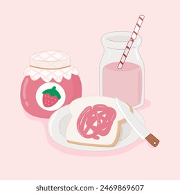 Strawberry breakfast doodle illustration bread and milk