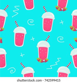 Strawberry bubble drink smoothie seamless pattern with memphis  blue background
