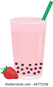 Strawberry Bubble Milk Tea with berry and tapioca pearls (bobas) vector