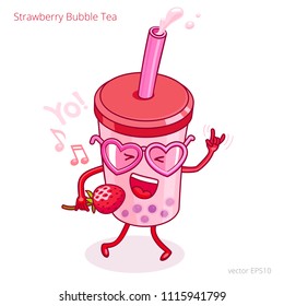 Strawberry Bubble Tea. Character in the form of cocktail cup with a straw. Pink pearl milk tea. Boba mascot with a heart shaped sunglasses holds a strawberry like a mic and shakes itself in the dance.