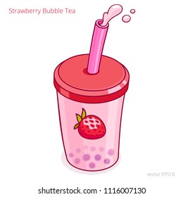 Strawberry Bubble Tea. Cocktail cup with a straw. Red plastic jar is filled with a pink delicious milky drink and sweet tapioca balls. Eastern refreshing beverage. Vector icon. Boba pearl milk tea.