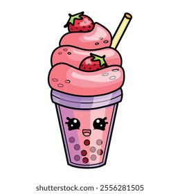 Strawberry bubble tea with fruits and cream.Isolated illustration on white background in kawaii style