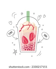 Strawberry bubble tea, pearl milk tea, boba, Taiwans drink.chewy tapioca balls grass jelly, aloe vera, red bean. Whipped cream, berry topping. Cute doodle illustration. For menu, cafe, flyer, banner