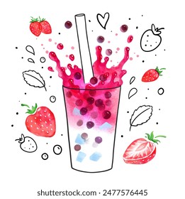 Strawberry Bubble Tea with splash crown hand drawn vector watercolor illustration with berries and line art doodles	
