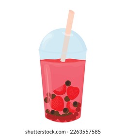 Strawberry bubble tea. vector stock illustration. Plastic cups of tasty bubble tea. Mix tapioca pearls for bubble tea.  isolated on white background.