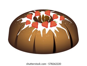 Strawberry Bundt Cake or Traditional Big Round Banana Cake with Hole Inside and Mirror Glaze Coatingfor Holiday Dessert Isolated on White Background.
