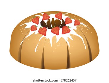 Strawberry Bundt Cake or Traditional Big Round Banana Cake with Hole Inside and Mirror Glaze Coatingfor Holiday Dessert Isolated on White Background.

