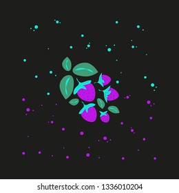 Strawberry bush in cartoon style on black background. Ultraviolet strawberries and green leaves. Vector illustration for textile, packaging, poster design.