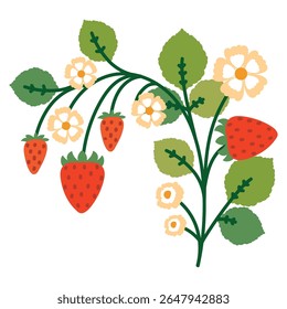 Morango Arbusto com Flores, Folhas e Berries. Planta colorida com esboços lineares bonitos de ramos isolados no fundo branco. Natureza ervas perfeito para convites, cartões, cartazes, feriados