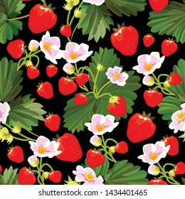 Strawberry bush. Plant with flowers and leaves of strawberries. Seamless pattern. Vector illustration.