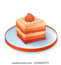 Strawberry cake 3d vector illustration. Served dessert with berries on plate at home or restaurant in cartoon style isolated on white background. Restaurant, menu, food concept