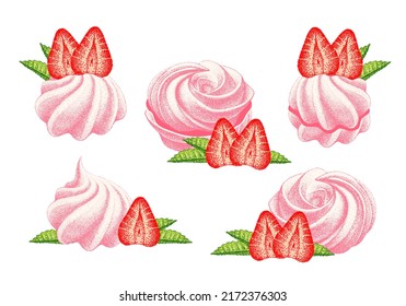Strawberry cake. Airy meringue, marshmallow, zefir. Sweetness, dessert with strawberries flavor. Hand drawn vector Illustrations. Engraved sketch.
