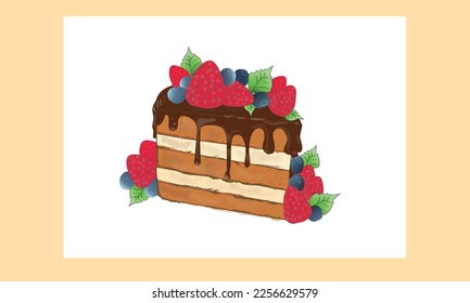 Ilustración artística del pastel de fresa. ilustración vectorial pastel dulce. Deliciosa decoración de pasteles.