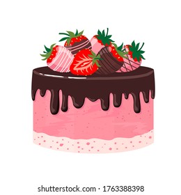 Pastel de chocolate decorado con fresas recubiertas de chocolate. Dibujo plano vectorial sobre un fondo blanco aislado.