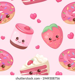 Strawberry cake, berry  donut cartoon characters. Vector kawaii sweet food illustration in cute cartoon style in seamless pattern on light pink colors. Adorable kids menu decoration, poster, print.