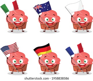 Strawberry cake cartoon character bring the flags of various countries