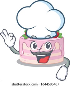 Caricatura de tarta de fresa trabajando como chef y usando sombrero blanco