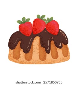 Strawberry cake with chocolate frosting. Sweet pie dessert in cartoon style. Food vector illustration for stickers, cards, banners.