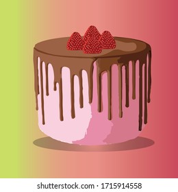 Strawberry cake with chocolate glaze on pastel background, sweets, dessert, web design or print. Vector Illustration.