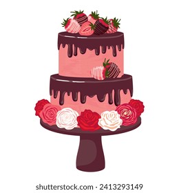 Torta de fresa con chocolate y rosas. Un pastel de dos pisos con fresas en un estrado. Clíparte vectorial ilustrada.