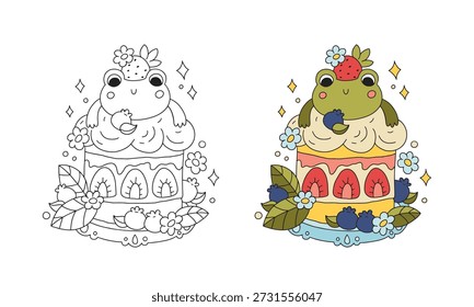 Strawberry cake coloring page vector with cute frog character. Kawaii silly doodle with colored example for kids activity and bakery branding. Modern stylish nursery food illustration. Isolated